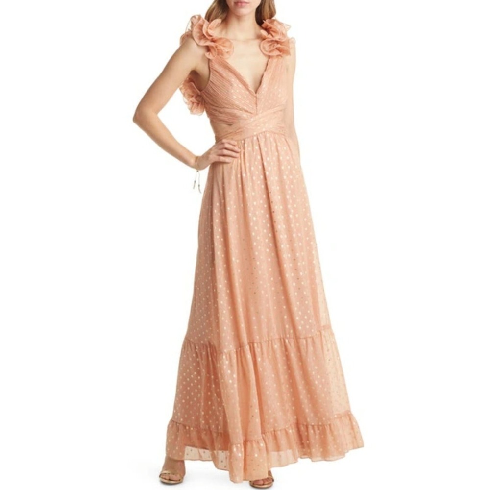 Vici Peach Polka Dot Ruffled Maxi Dress
